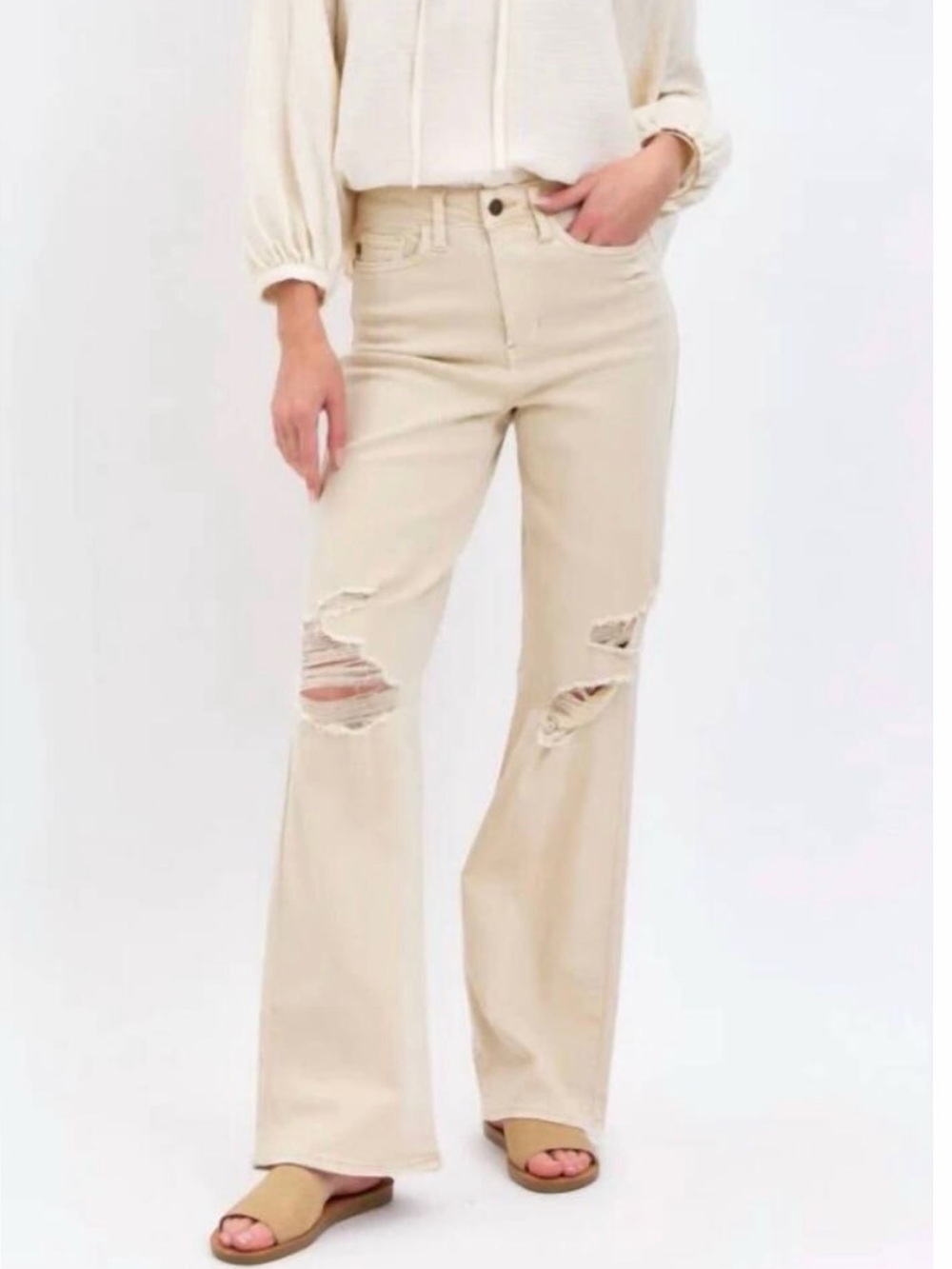 SIZE 9 Judy Blue Bone Distressed Wide-Leg Jeans-size 9